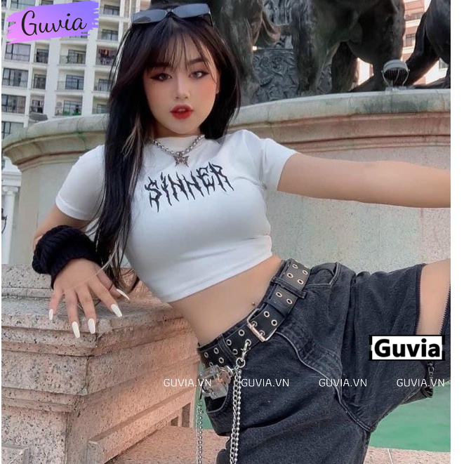 Áo Croptop Ôm Body Nữ SINNER Cổ Tròn Tay Ngắn, Áo Thun Croptop Kiểu Sexy In Họa Tiết GUVIA CR67