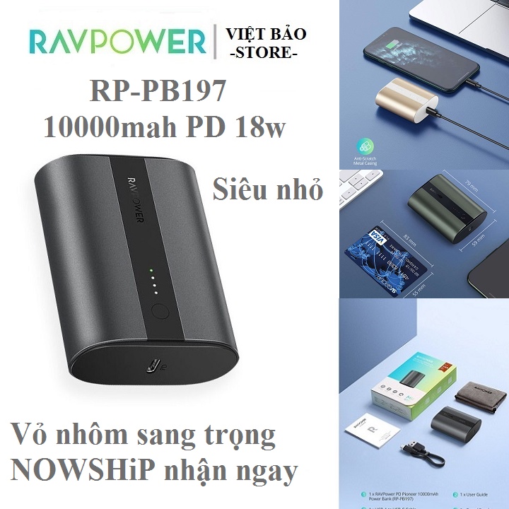 Pin dự phòng siêu nhỏ RAVPower RP-PB197 , 10000mah sạc nhanh PD 18w