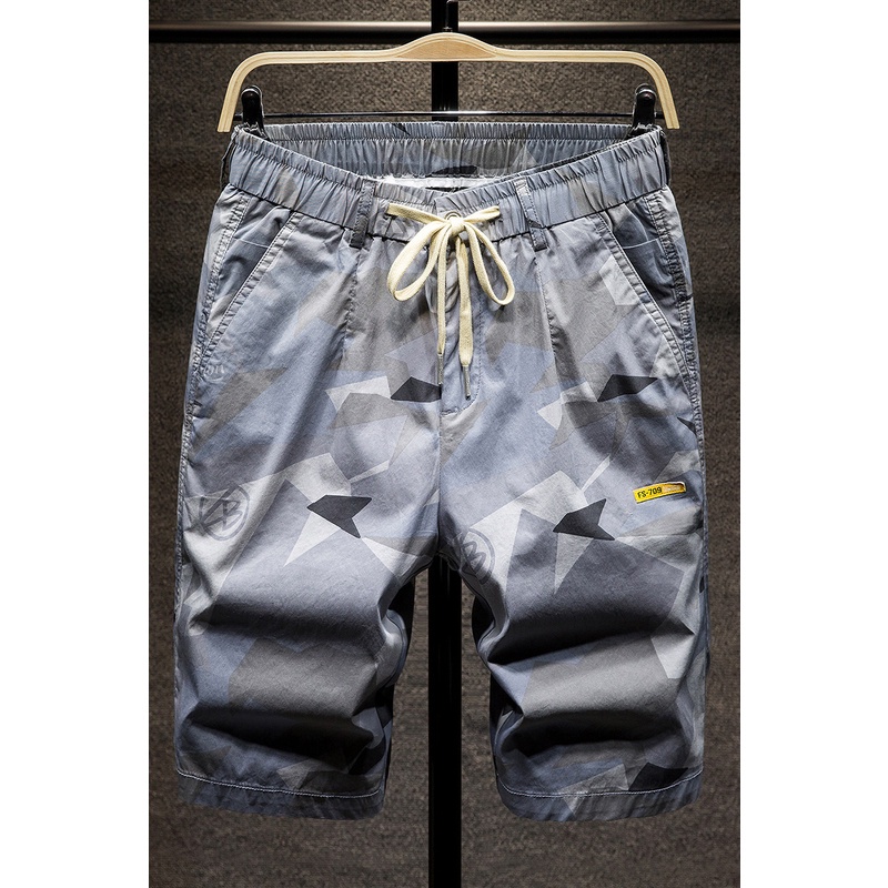 Zoumin Plus Size Quần Short Dây Rút Họa Tiết Rằn Ri Xám Xanh Lá Quân Đội Đi Biển Mùa Hè Kỹ Thuật Số Có Túi Lớn Dây Rút Cho Nam