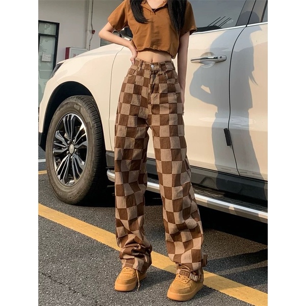 ORDER_ Quần jeans caro nâu ống suông đứng cạp cao