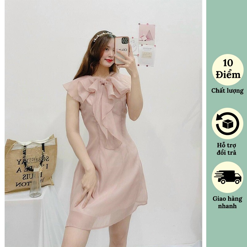 Đầm voan hồng trắng cổ thắt nơ cách điệu Đầm váy dự tiệc Chic Store