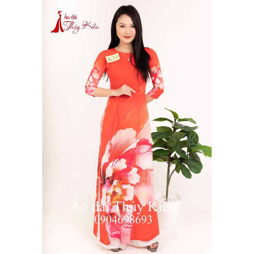 Áo dài nữ truyền thống thiết kế may sẵn tết cách tân nữ nền đỏ cam K39 Thúy Kiều mềm mại co giãn áo dài giá rẻ