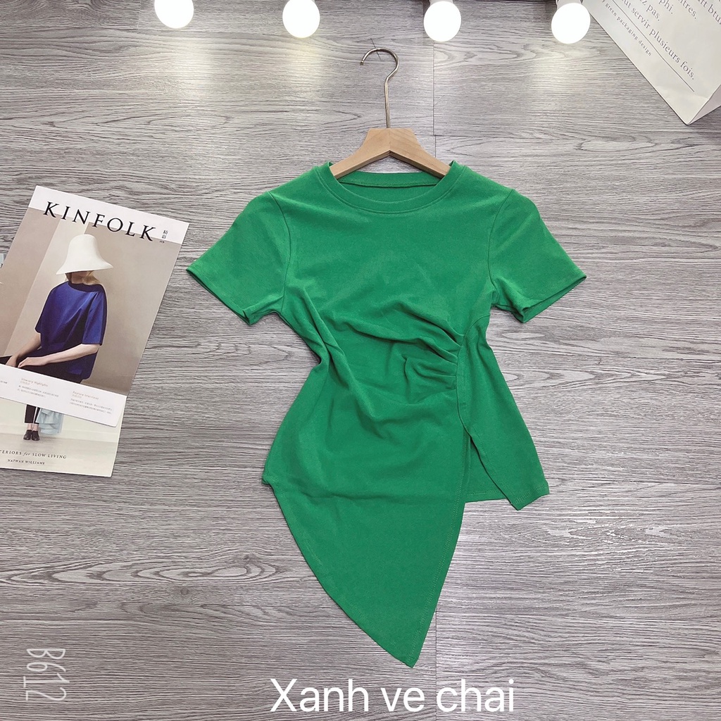 Áo thun body tay ngắn vạt bầu nhọn nhún eo dáng ngắn