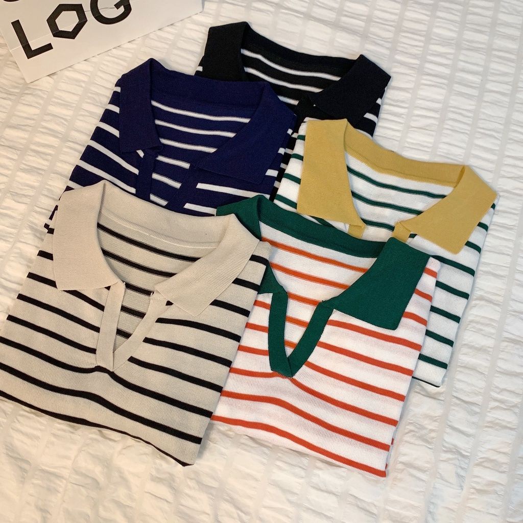 Áo polo Dài Tay Họa Tiết Sọc Ngang Thời Trang Dành Cho Nữ