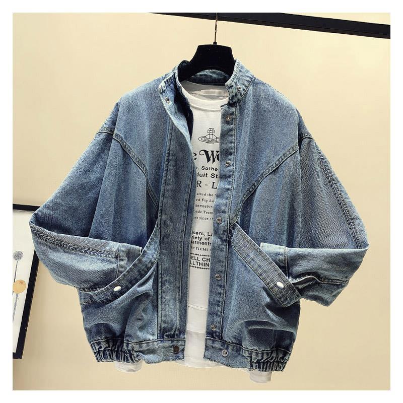 Áo Khoác Denim Cổ Đứng Dáng Rộng Phối Túi Thời Trang Hàn Quốc Mới Cho Nữ