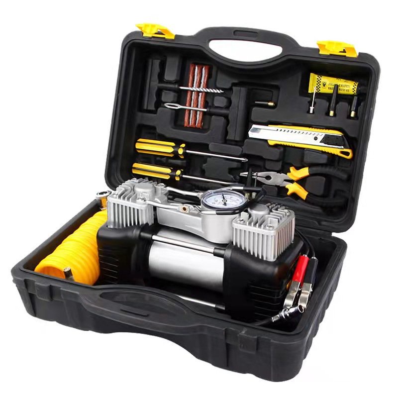 Máy bơm hơi lốp xe ô tô mini 2 xi lanh 12V cao cấp công suất lớn, đa năng bản tích hợp đèn pin và đồng hồ cơ