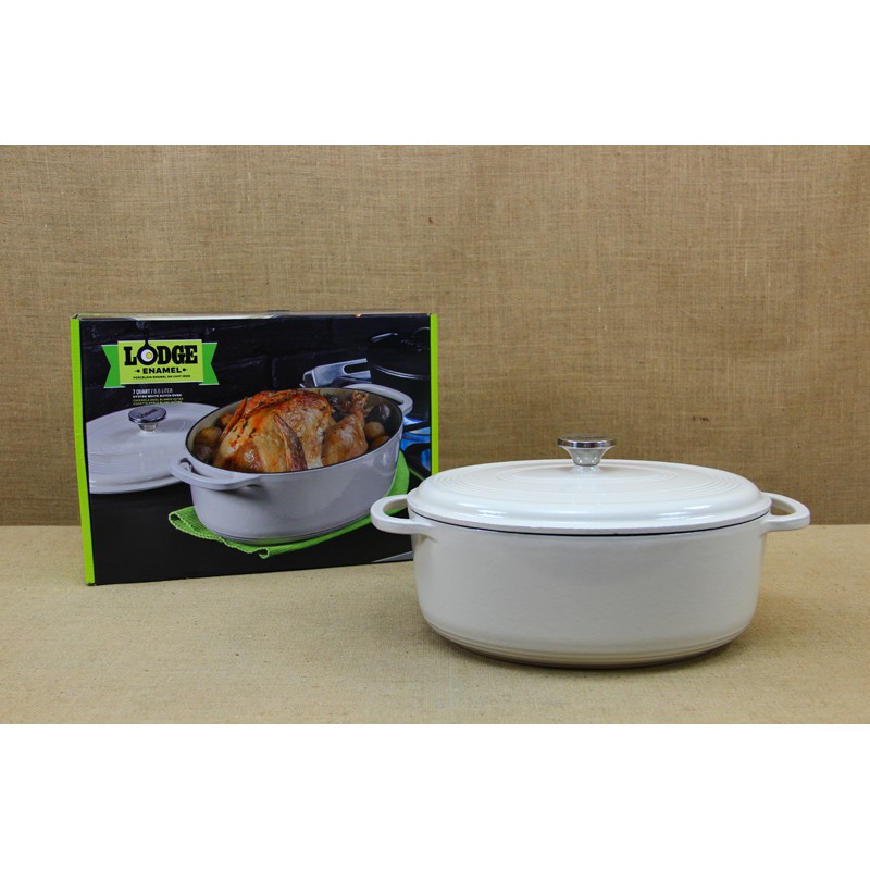 Nồi gang oval phủ men Lodge - Màu trắng 6.6L