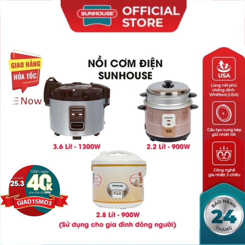 Nồi cơm điện SUNHOUSE SHD8217W-SHD8607W-2022 1.2L 1.8L lòng nồi lớp chống dính siêu bền giữ nhiệt tốt nấu cơm chín nhanh