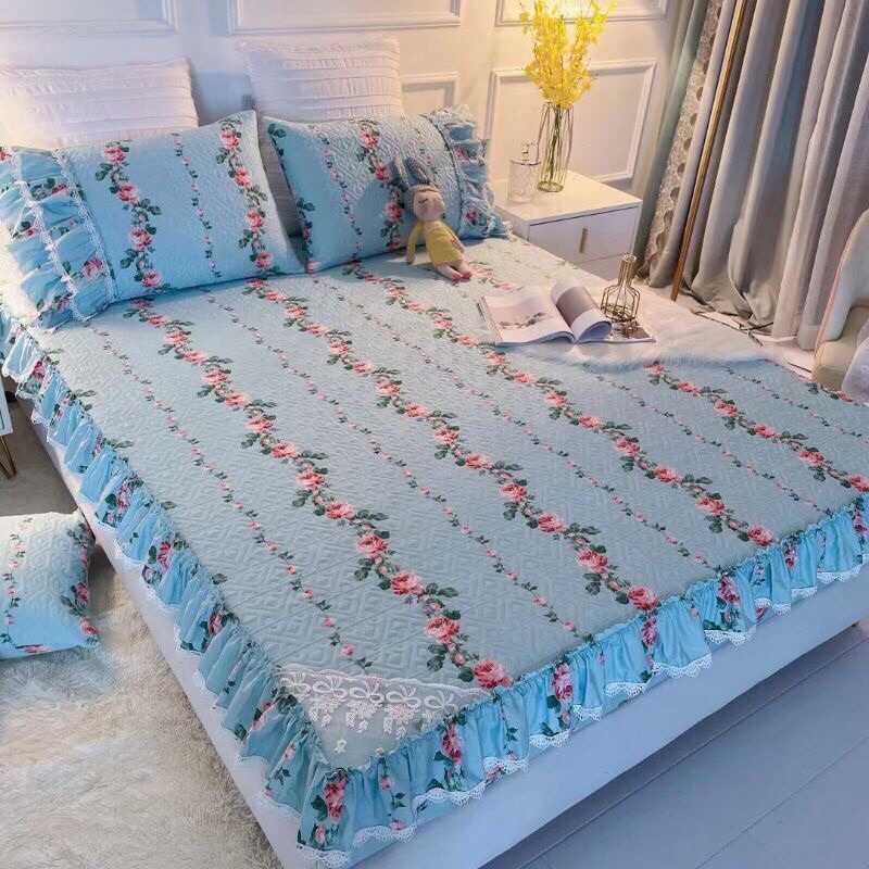 Bô ga gối bo chun chun trần bông bèo ren 3 lớp - set 3 món
