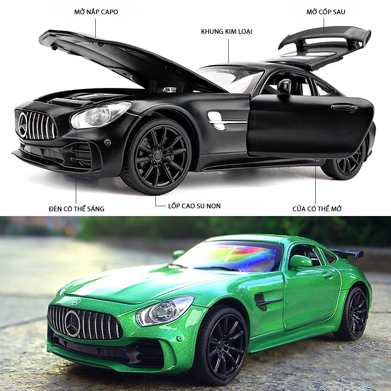 Mô hình tĩnh hợp kim Mercedes AMG GTR tỉ lệ 1:32 hãng Miniauto mở được 2 cánh cửa,cốp sau,nắp capo, có đế nhựa trưng bày