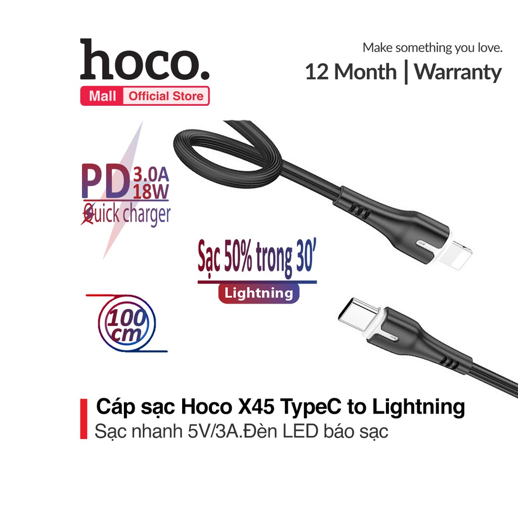 Cáp sạc iPhone HOCO X45 sạc nhanh 5V-3A (PD18W) và truyền dữ liệu cao từ Type-C đến Lightning sạc 50% trong 30'