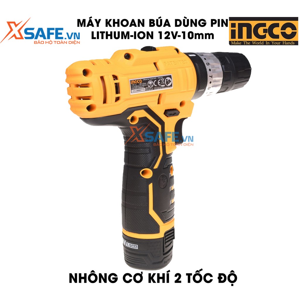 Máy khoan búa dùng pin cầm tay 12V 10mm INGCO CIDLI1232 tốc độ không tải 1350rpm, lực búa 22500bpm, gắn đèn led làm việc