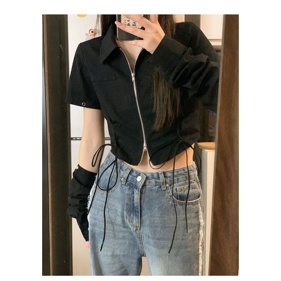 ẢNH THẬT Áo Sơ Mi Khóa 2 Đầu Phối Ống Tay Rời