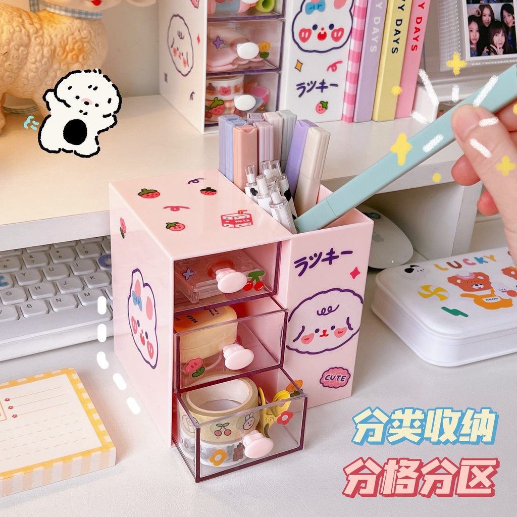 Tủ mini 3 tầng 1 ngăn ống bút xinh xắn đáng yêu đựng sticker washi tape phụ kiện để bàn học tập văn phòng hottrend decor