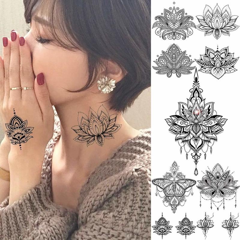 Tấm hình xăm dán cơ thể tạm thời hình hoa sen 3D màu đen chống thấm nước dành cho nam và nữ