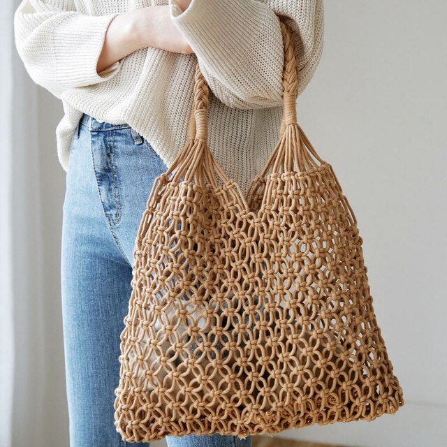Túi lưới cá đeo vai đi biển - Macrame dây ngắn - size M