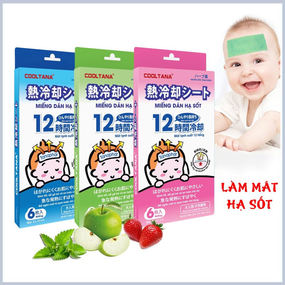 Hộp 6 Miếng Dán Gel Hạ Sốt, Làm Mát Cooltana dịu ngay cơn sốt của bé (Hương Dâu, Bạc Hà, Táo)