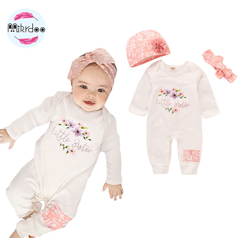 Set áo liền quần + mũ trùm đầu Mikrdoo đính hoa kèm băng đô nơ xinh xắn cho bé bodysuit cho bé