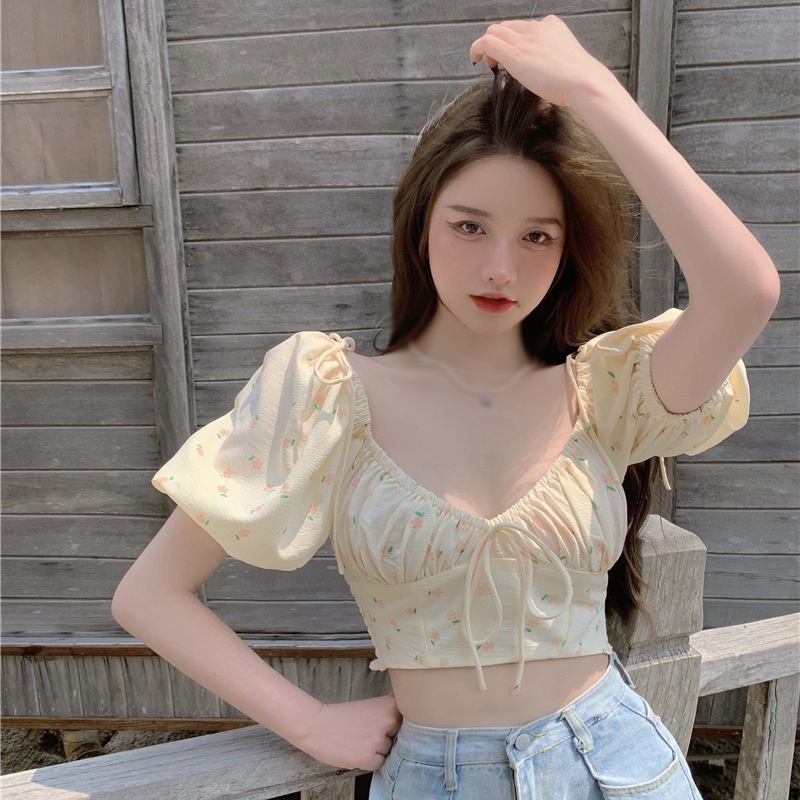 Áo Croptop Tay Ngắn Cổ V Hoạ Tiết Áo sơ mi Hoa Duyên Dáng Nữ Tính