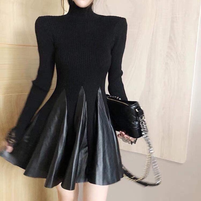 Váy len cao cổ pha da