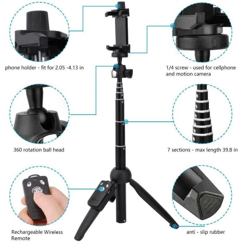 Gậy chụp hình kiêm tripod Yunteng YT-9928 có Remote Bluetooth - Pin rời CR2032 (Đen)