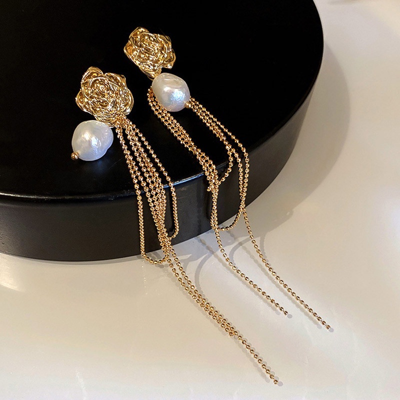 Bông tai mạ bạc 925 dáng dài hình hoa đính ngọc trai phong cách retro thời trang cho nữ