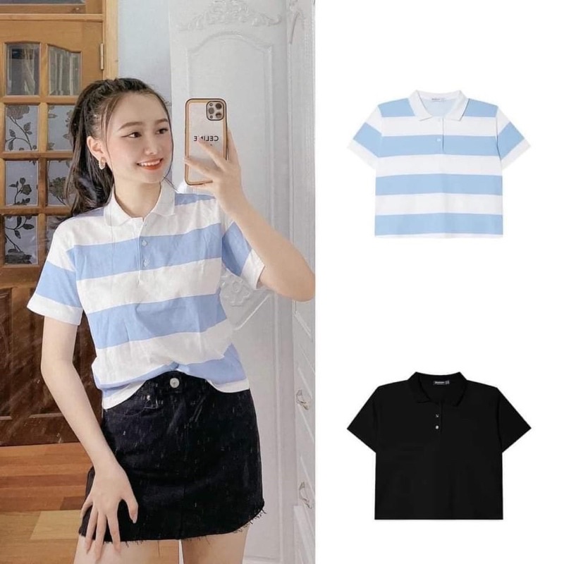 áo croptop xanh trắng