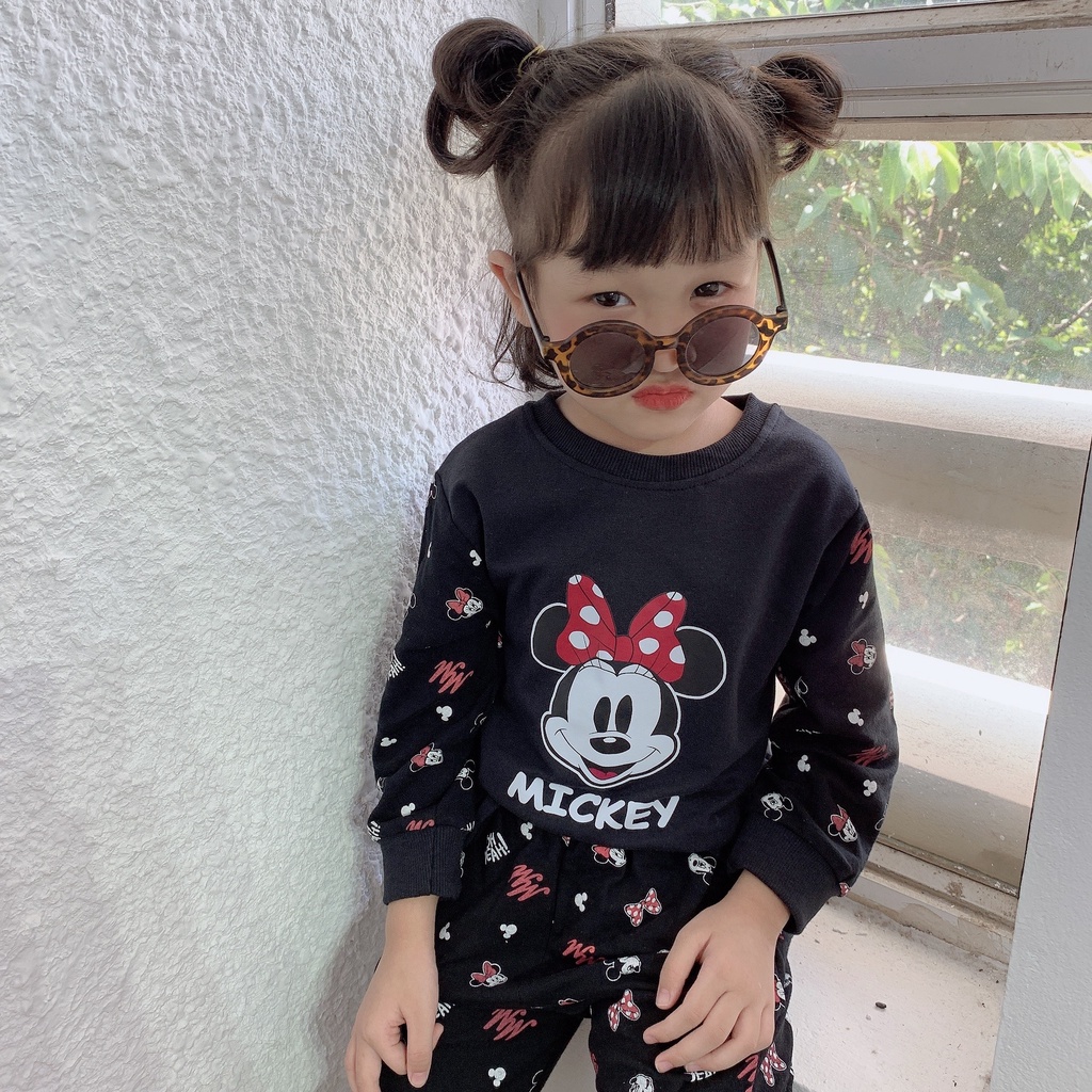 Bộ cotton dài tay bé gái hoạ tiết xinh xắn, set thu đông tay dài hàng đẹp