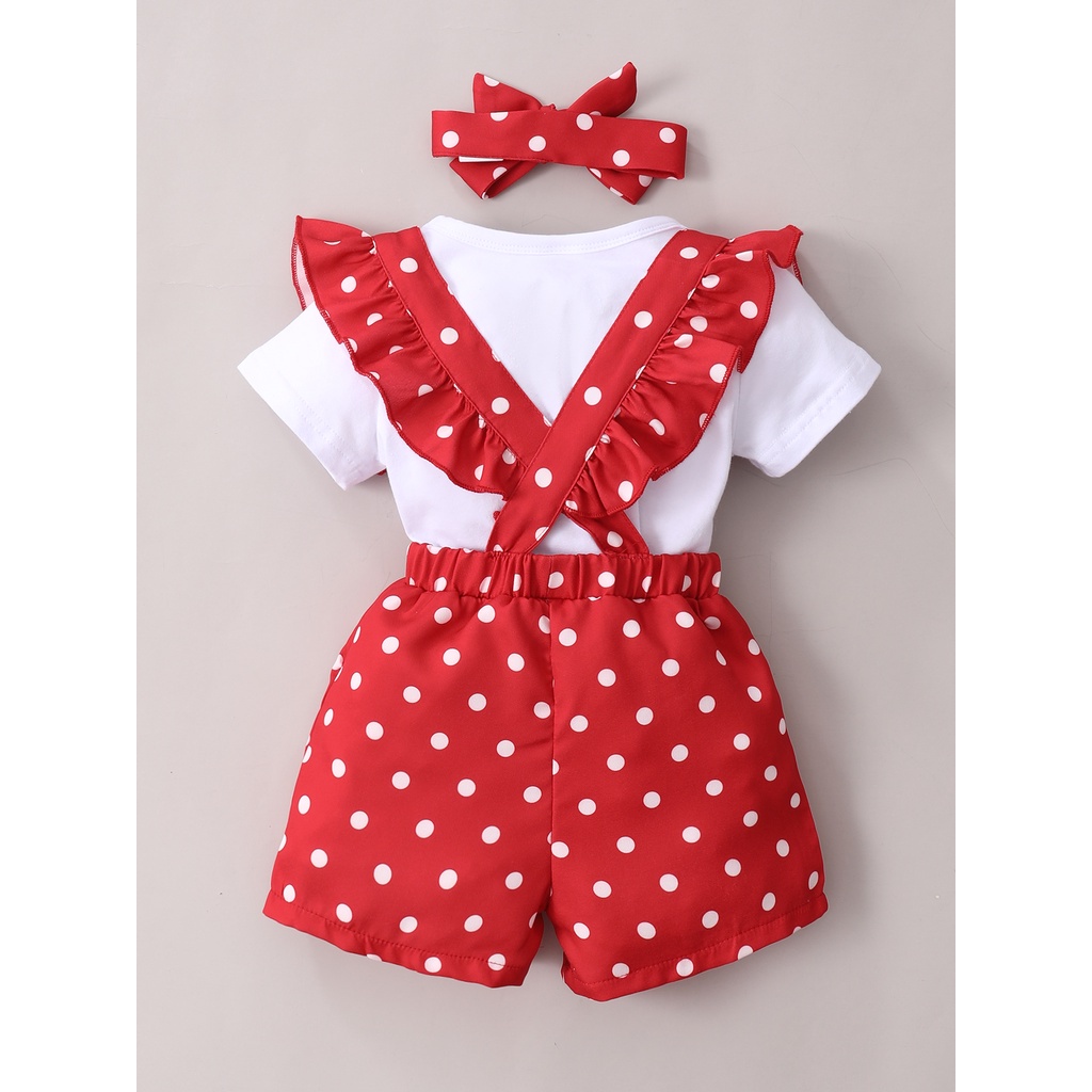 Set đồ 3 món MIKRDOO gồm áo thun tay ngắn in hình quả dâu + quần yếm và băng đô thời trang mùa hè cho bé gái 0-2 tuổi