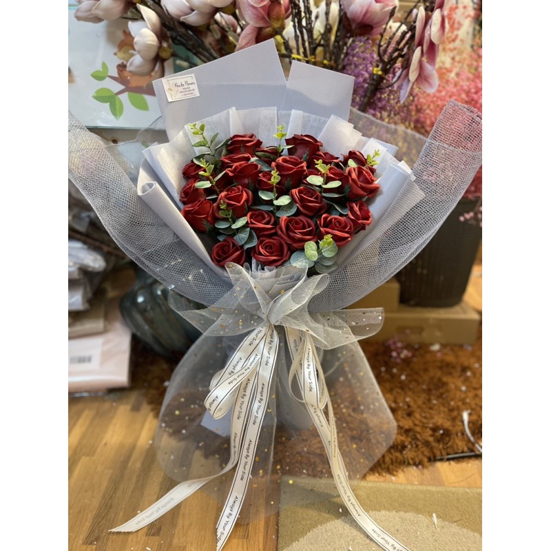 [Hoa sinh nhật - 8/3] Hoa sáp cao cấp 35 bông mix lá táo mốc cao cấp. KThuoc 50x70cm. Có Nowship nội thành