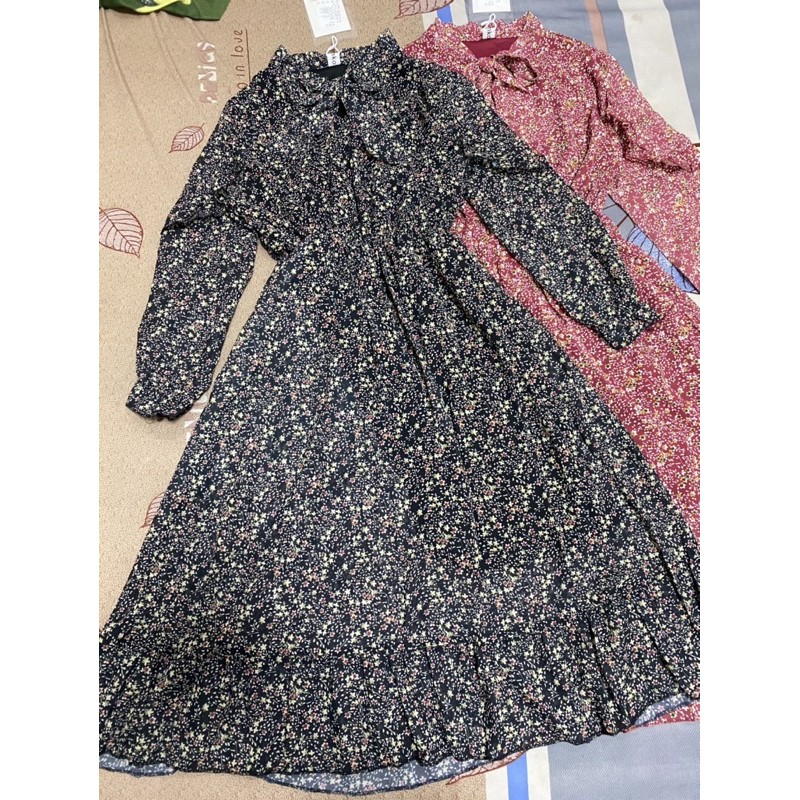 (order 15 ngày) Đầm hoa nhí dáng dài phong cách vintage cổ cột nơ | BigBuy360 - bigbuy360.vn