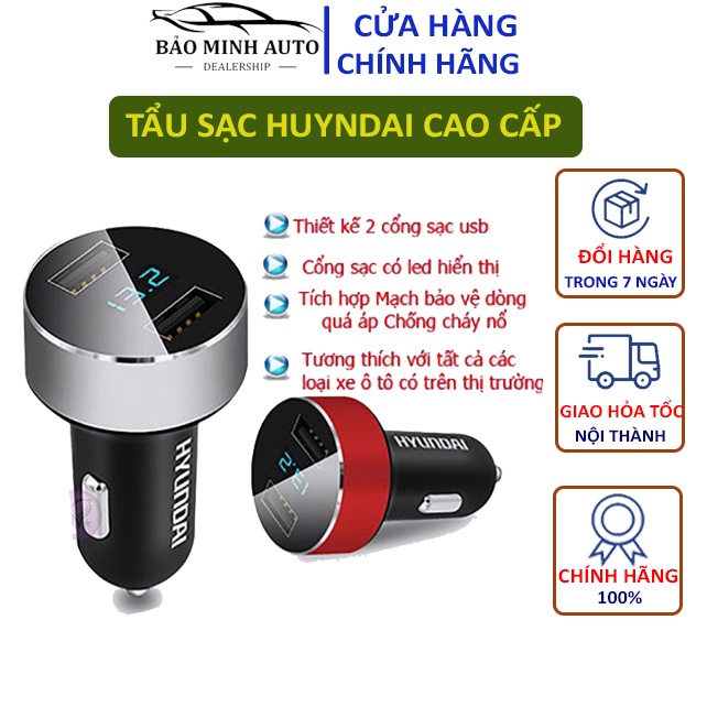 [HÀNG CHẤT LƯỢNG] Tẩu Sạc Hyundai , tẩu sạc ô tô, xe hơi tích hợp hai cổng USB - Có đèn báo điện áp ac quy