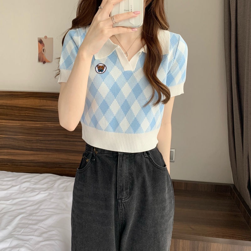 Áo Thun Dệt Kim Cổ Polo Tay Ngắn Thêu Hình Thoi Thời Trang Mùa Hè Hàng Mới Dành Cho Bạn Nữ 2022