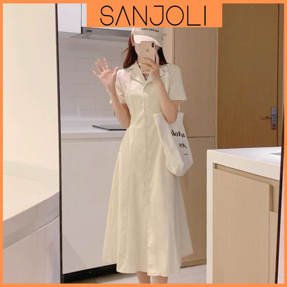 Váy Sơ Mi SANJOLI Đầm Công Sở Dự Tiệc Nữ Dáng Dài Thắt Eo Xòe Vintage Tay Ngắn Thiết Kế Cao Cấp Hàn Quốc VD106 - Hàng mớ