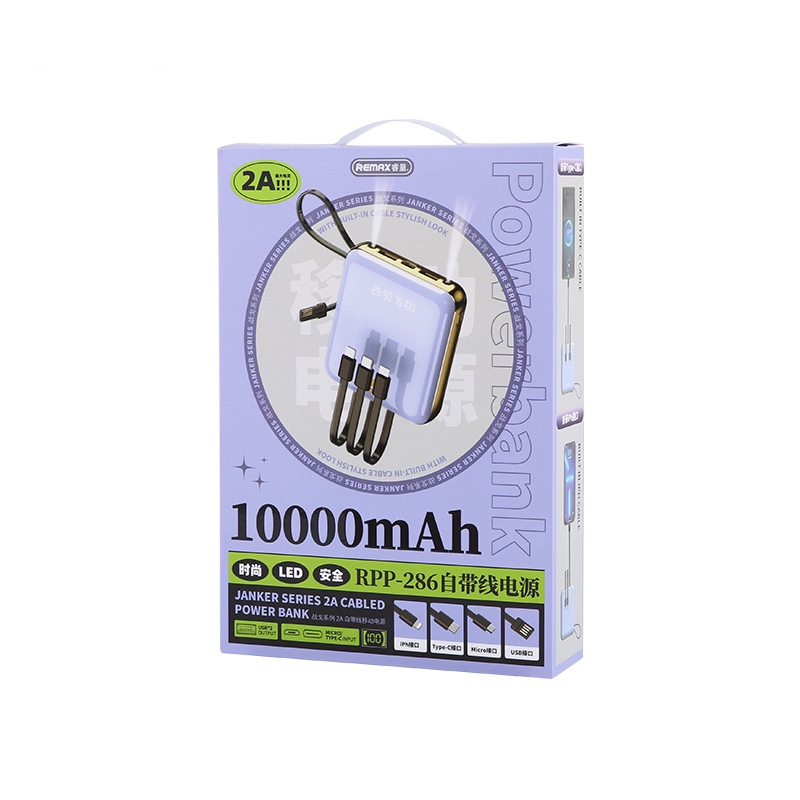 Pin dự phòng Remax RPP-286 Janker Series 10000mAh tích hợp đèn pin - hỗ trợ 4 dây sạc USB/ microUSB/ typeC/ LN