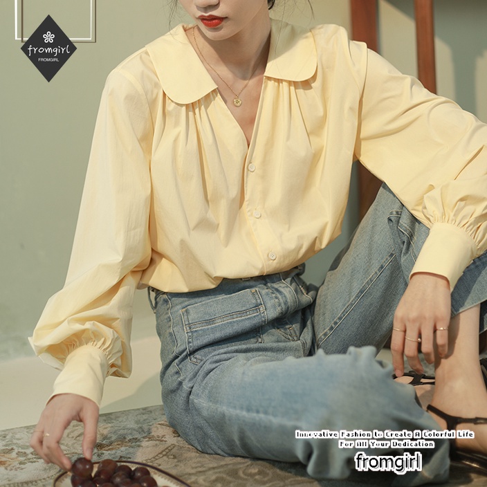 Áo sơ mi Chiffon dài tay cổ V thời trang mùa hè Hàn Quốc thanh lịch tinh tế cho nữ