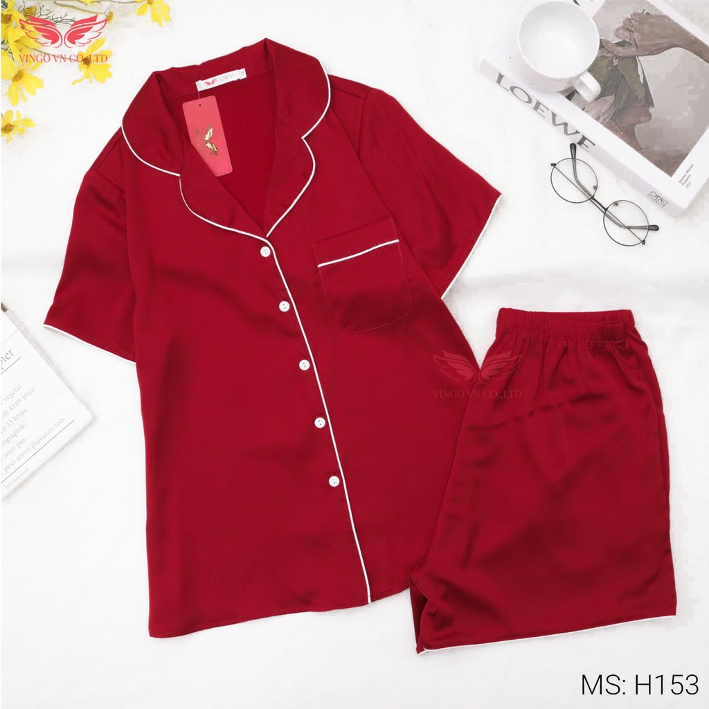 Bộ mặc nhà Pyjama nữ mùa hè VINGO Lụa Pháp trơn cao cấp tay cộc quần cộc phối viền trắng nhiều màu H153 VNGO - TCQC