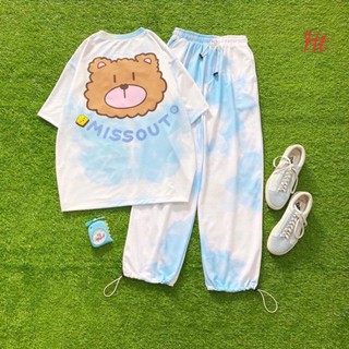bộ thun loang màu xanh trắng áo tay lỡ quần jogger dây rút gấu in gấu nâu MISS ht