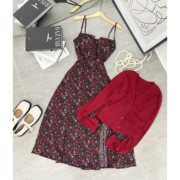 Set đầm midi hoa suông 2 dây kèm áo khoác đỏ | BigBuy360 - bigbuy360.vn