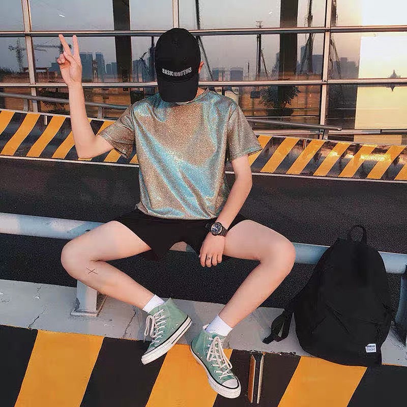 Áo Thun Tay Ngắn Dáng Rộng In Hình Mặt Cười Lấp Lánh Kiểu Hồng Kông Thời Trang Cho Nam Và Nữ