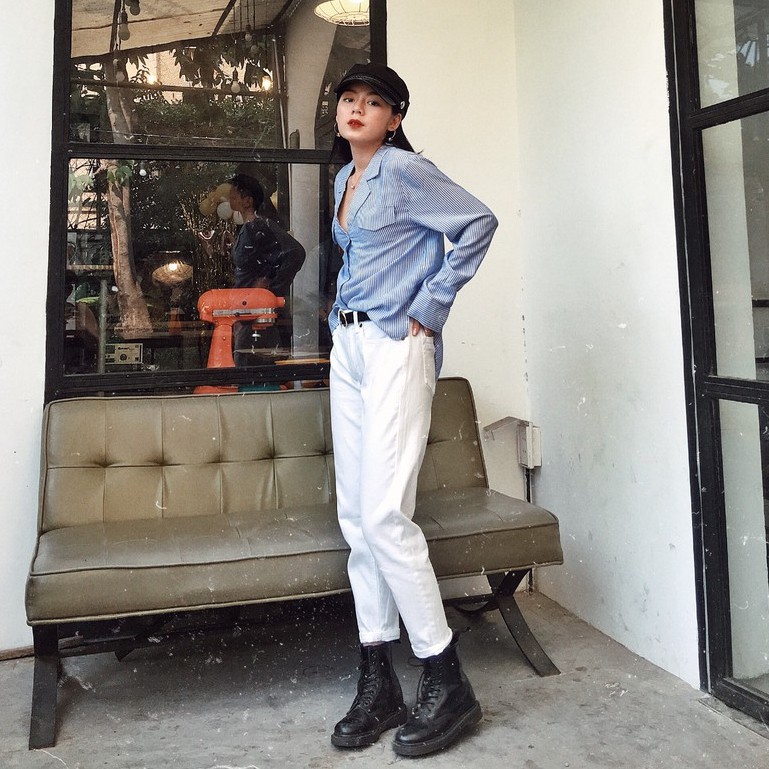 Quần boy jeans trơn màu 90s (Đen/Trắng) - DAU113