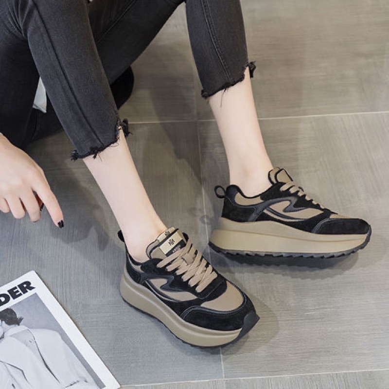 Giày thể thao nữ  màu đen nâu chất liệu da độn đế cao 5 cm sneaker ulzzang hàn quốc đi học đi chơi đi làm đẹp 2022