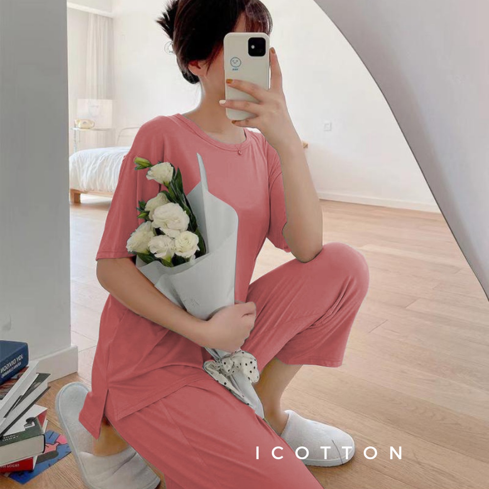 Bộ đồ cotton lụa áo cộc tay quần dài  ❤️Icotton❤️ cao cấp, mát mặc nhà, đồ ngủ form rộng trung niên