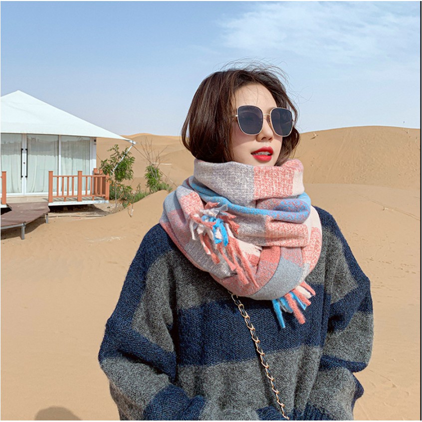 LOẠI 1 - DÀY XỊN `- KHĂN LEN QUẢNG CỔ VINTAGE KẺ RETRO PHỐI MÀU , KHĂN HÀN QUỐC
