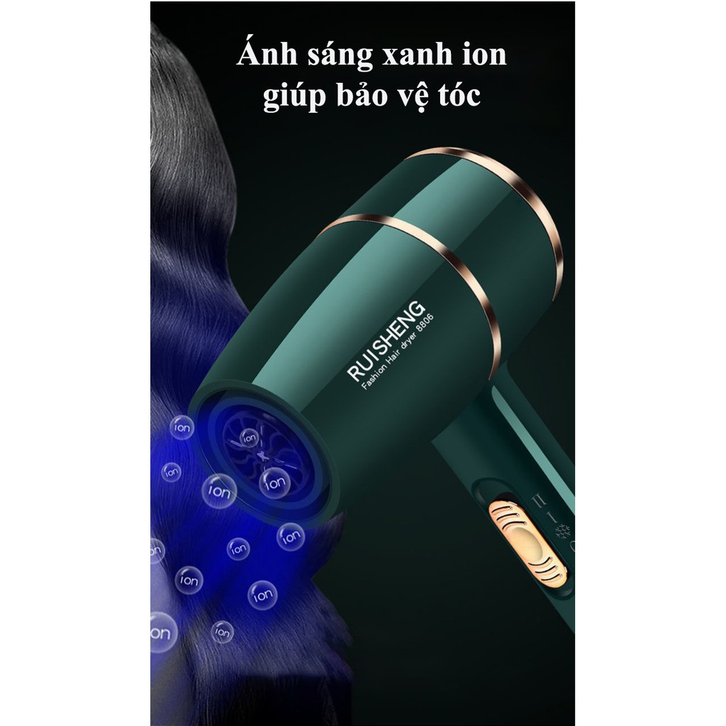 Máy sấy tóc Ruisheng công suất 2200W có ánh sáng xanh, chăm sóc ion âm cho tóc, 3 chế độ sấy, điều chỉnh nhiệt độ