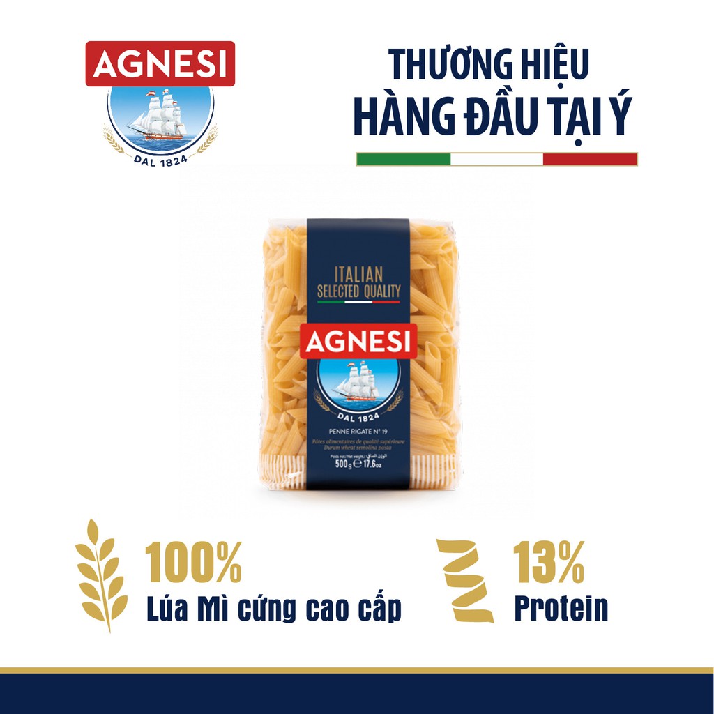 3 gói nui Penne Rigate Agnesi 500g/ gói, dùng lúa mì durum cao cấp giữ sốt, không gãy và dính