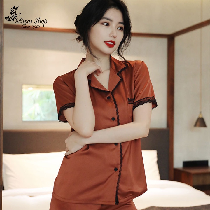 Bộ pijama lụa cao cấp, bộ đồ CỘC TAY QUẦN ĐÙI MÁT MẺ nữ tính phong cách Hàn Quốc Mã PE