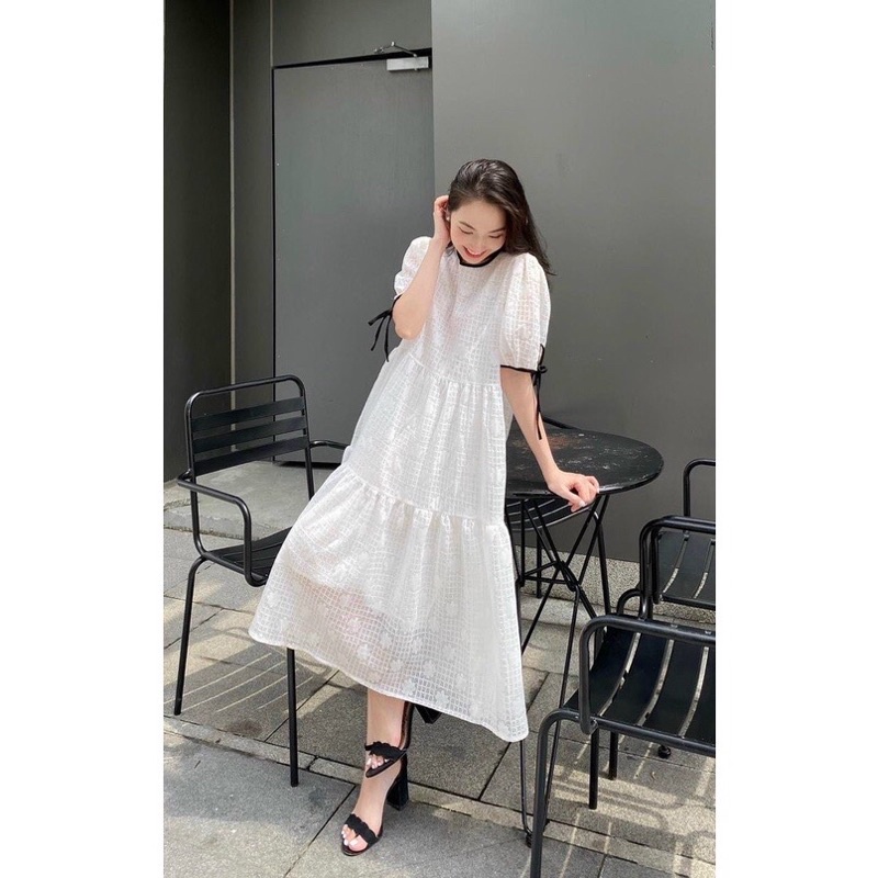 Váy đầm bầu hè thu dáng xuông ba tầng babydoll kẻ caro ren hai lớp công sở đi chơi thiết kế cao cấp