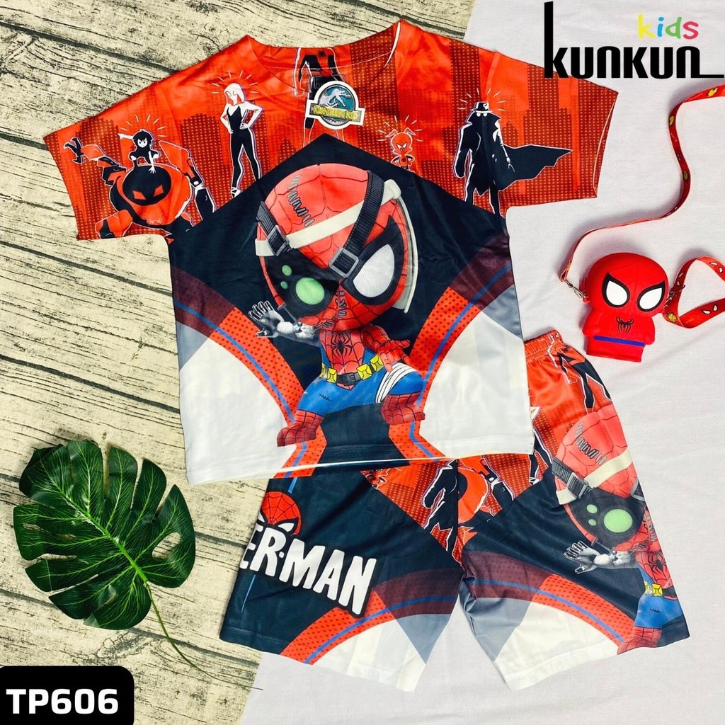 Quần áo bé trai Kunkun Kid TP606 in hoạt hình Người nhện Spiderman chất Thun lạnh size đại từ 10-60kg