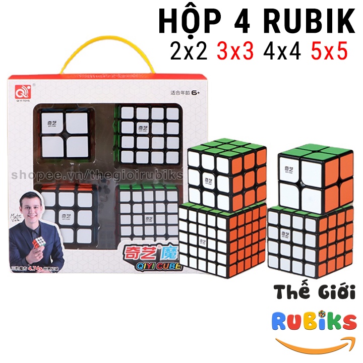 Hộp 4 Rubik QiYi 2x2 3x3 4x4 5x5 Đen Cao Cấp Đồ Chơi Thông Minh Tặng Kèm Cuốn Công thức QiYi CFOP Hướng Dẫn Giải Rubic